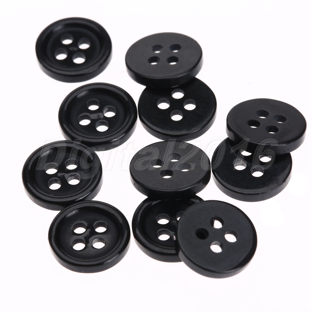 100pcs Black 4 Holes 10MM Round Resin Buttons Fit Sewing Clothes ...